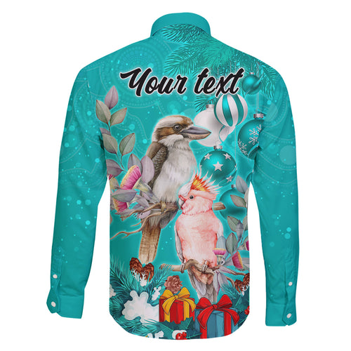 personalised-kookaburra-and-cockatoo-family-matching-long-sleeve-bodycon-dress-and-hawaiian-shirt-australia-merry-christmas-aboriginal-teal-style