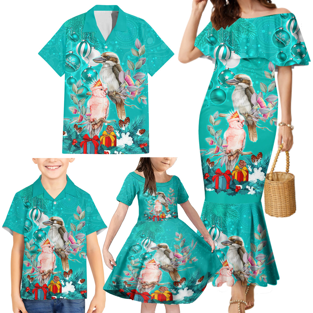 personalised-kookaburra-and-cockatoo-family-matching-mermaid-dress-and-hawaiian-shirt-australia-merry-christmas-aboriginal-teal-style