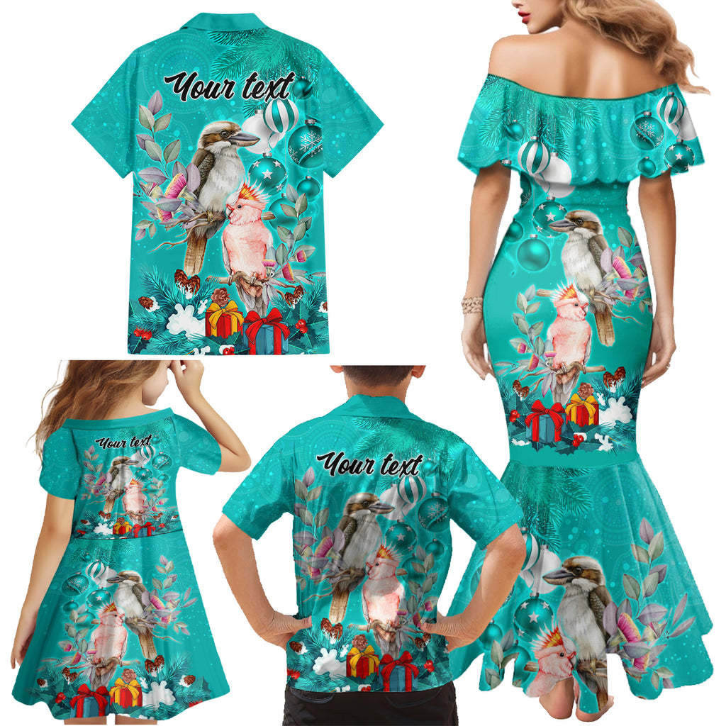 personalised-kookaburra-and-cockatoo-family-matching-mermaid-dress-and-hawaiian-shirt-australia-merry-christmas-aboriginal-teal-style
