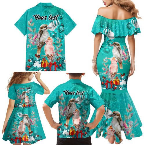 personalised-kookaburra-and-cockatoo-family-matching-mermaid-dress-and-hawaiian-shirt-australia-merry-christmas-aboriginal-teal-style