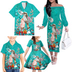 personalised-kookaburra-and-cockatoo-family-matching-off-shoulder-long-sleeve-dress-and-hawaiian-shirt-australia-merry-christmas-aboriginal-teal-style