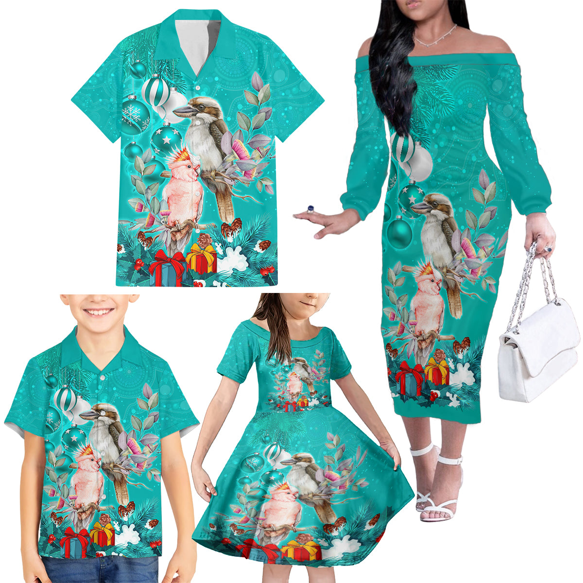 personalised-kookaburra-and-cockatoo-family-matching-off-shoulder-long-sleeve-dress-and-hawaiian-shirt-australia-merry-christmas-aboriginal-teal-style