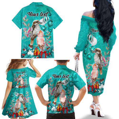personalised-kookaburra-and-cockatoo-family-matching-off-shoulder-long-sleeve-dress-and-hawaiian-shirt-australia-merry-christmas-aboriginal-teal-style