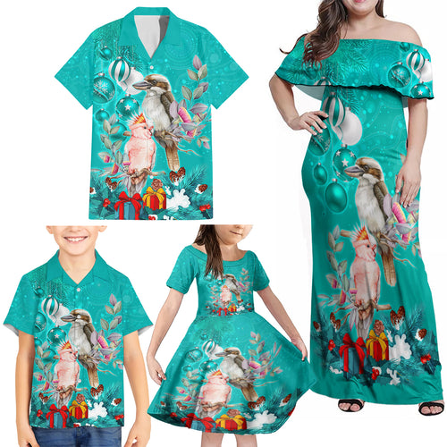 personalised-kookaburra-and-cockatoo-family-matching-off-shoulder-maxi-dress-and-hawaiian-shirt-australia-merry-christmas-aboriginal-teal-style