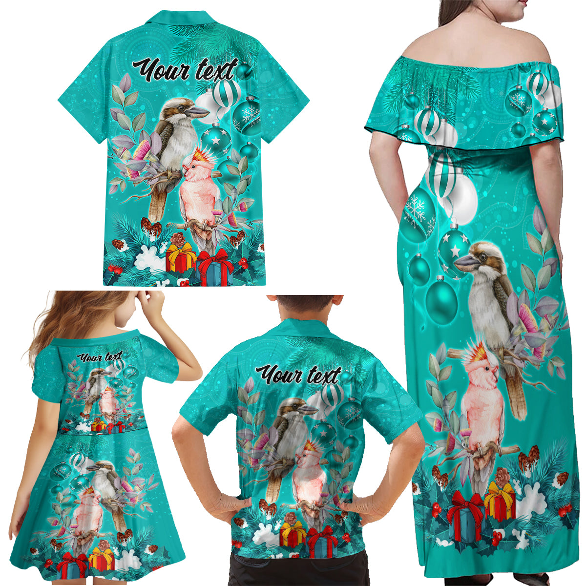 personalised-kookaburra-and-cockatoo-family-matching-off-shoulder-maxi-dress-and-hawaiian-shirt-australia-merry-christmas-aboriginal-teal-style