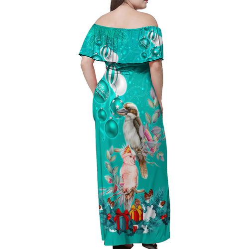 personalised-kookaburra-and-cockatoo-family-matching-off-shoulder-maxi-dress-and-hawaiian-shirt-australia-merry-christmas-aboriginal-teal-style