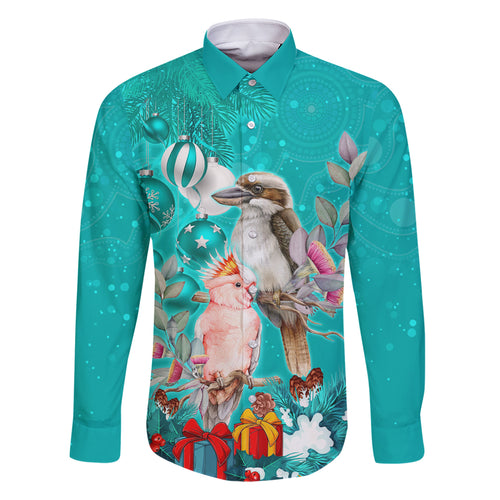 personalised-kookaburra-and-cockatoo-family-matching-off-shoulder-short-dress-and-hawaiian-shirt-australia-merry-christmas-aboriginal-teal-style