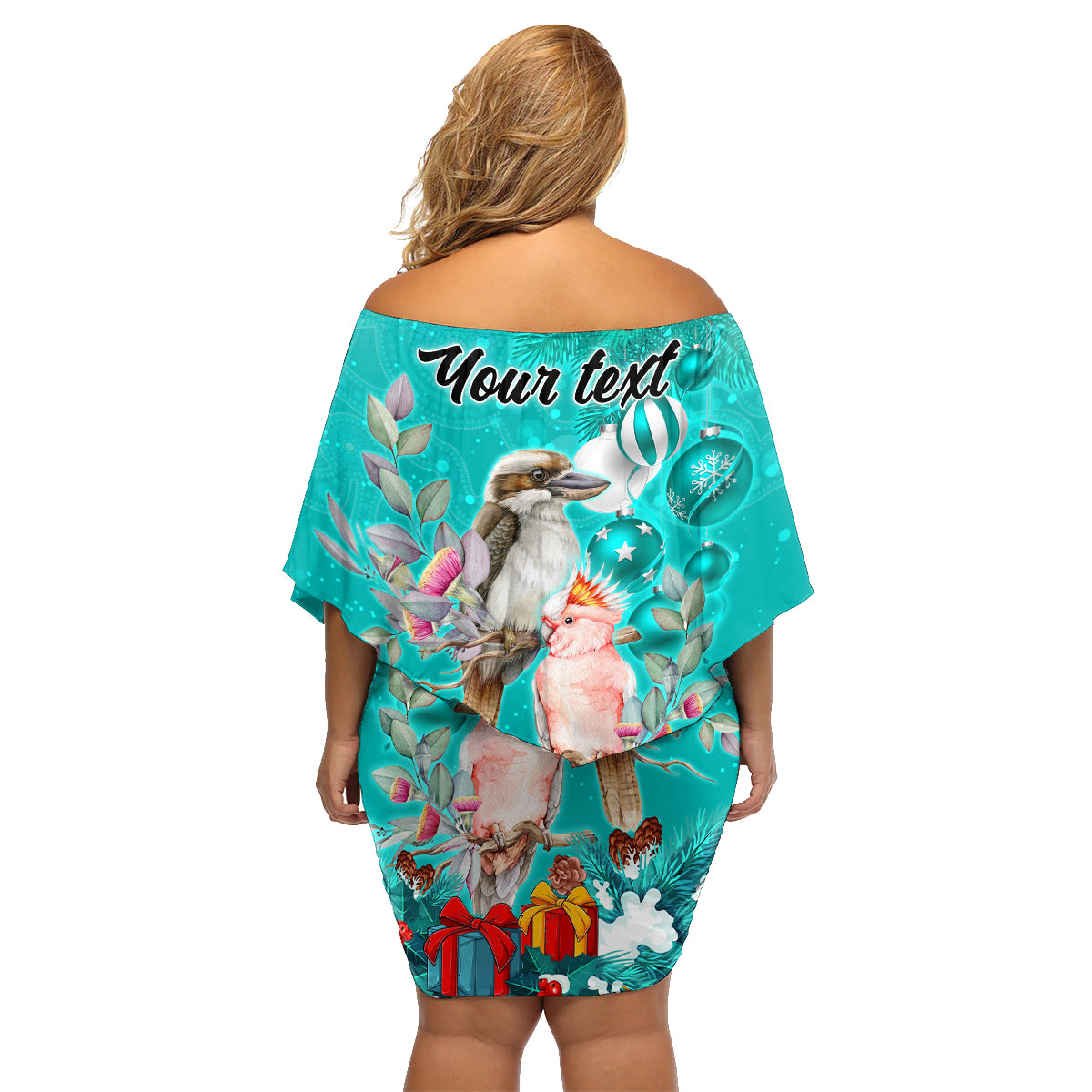 personalised-kookaburra-and-cockatoo-family-matching-off-shoulder-short-dress-and-hawaiian-shirt-australia-merry-christmas-aboriginal-teal-style