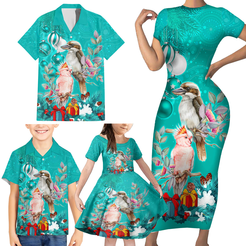 personalised-kookaburra-and-cockatoo-family-matching-short-sleeve-bodycon-dress-and-hawaiian-shirt-australia-merry-christmas-aboriginal-teal-style