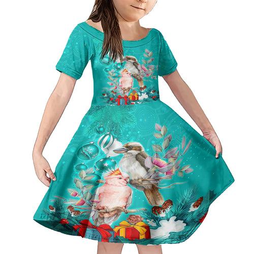 personalised-kookaburra-and-cockatoo-family-matching-short-sleeve-bodycon-dress-and-hawaiian-shirt-australia-merry-christmas-aboriginal-teal-style