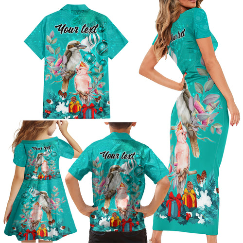 personalised-kookaburra-and-cockatoo-family-matching-short-sleeve-bodycon-dress-and-hawaiian-shirt-australia-merry-christmas-aboriginal-teal-style