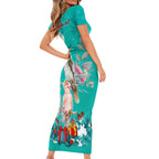 personalised-kookaburra-and-cockatoo-family-matching-short-sleeve-bodycon-dress-and-hawaiian-shirt-australia-merry-christmas-aboriginal-teal-style