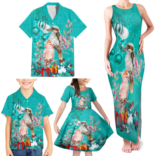 personalised-kookaburra-and-cockatoo-family-matching-tank-maxi-dress-and-hawaiian-shirt-australia-merry-christmas-aboriginal-teal-style
