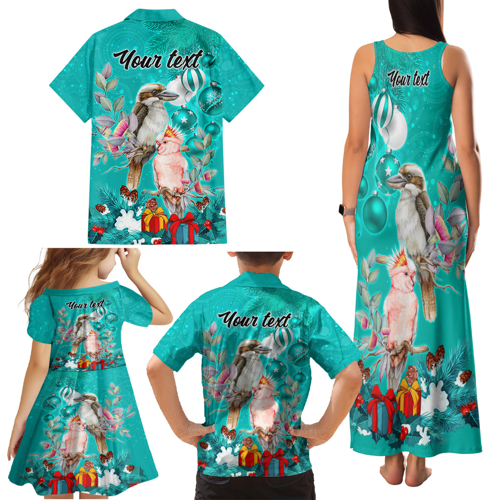 personalised-kookaburra-and-cockatoo-family-matching-tank-maxi-dress-and-hawaiian-shirt-australia-merry-christmas-aboriginal-teal-style