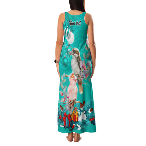 personalised-kookaburra-and-cockatoo-family-matching-tank-maxi-dress-and-hawaiian-shirt-australia-merry-christmas-aboriginal-teal-style