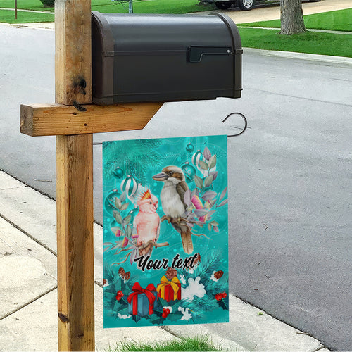 personalised-kookaburra-and-cockatoo-garden-flag-australia-merry-christmas-aboriginal-teal-style