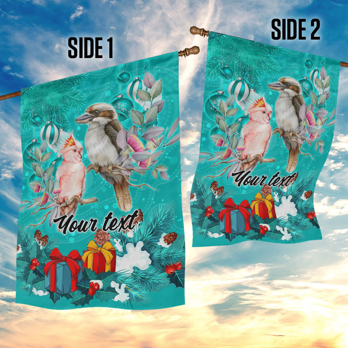 personalised-kookaburra-and-cockatoo-garden-flag-australia-merry-christmas-aboriginal-teal-style