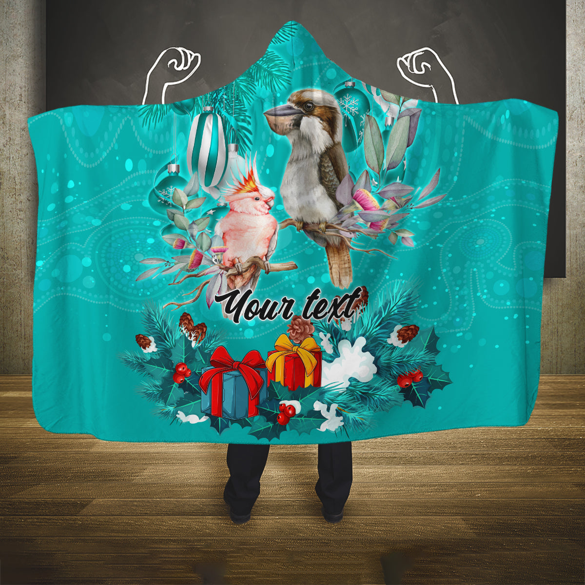 personalised-kookaburra-and-cockatoo-hooded-blanket-australia-merry-christmas-aboriginal-teal-style