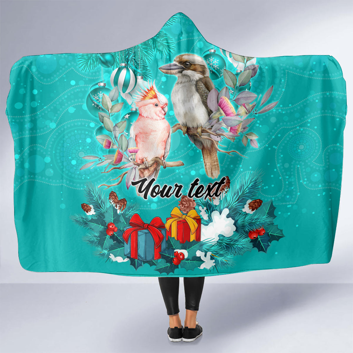 personalised-kookaburra-and-cockatoo-hooded-blanket-australia-merry-christmas-aboriginal-teal-style