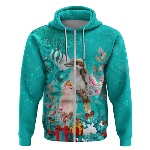 personalised-kookaburra-and-cockatoo-hoodie-australia-merry-christmas-aboriginal-teal-style