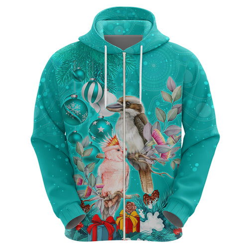 personalised-kookaburra-and-cockatoo-hoodie-australia-merry-christmas-aboriginal-teal-style