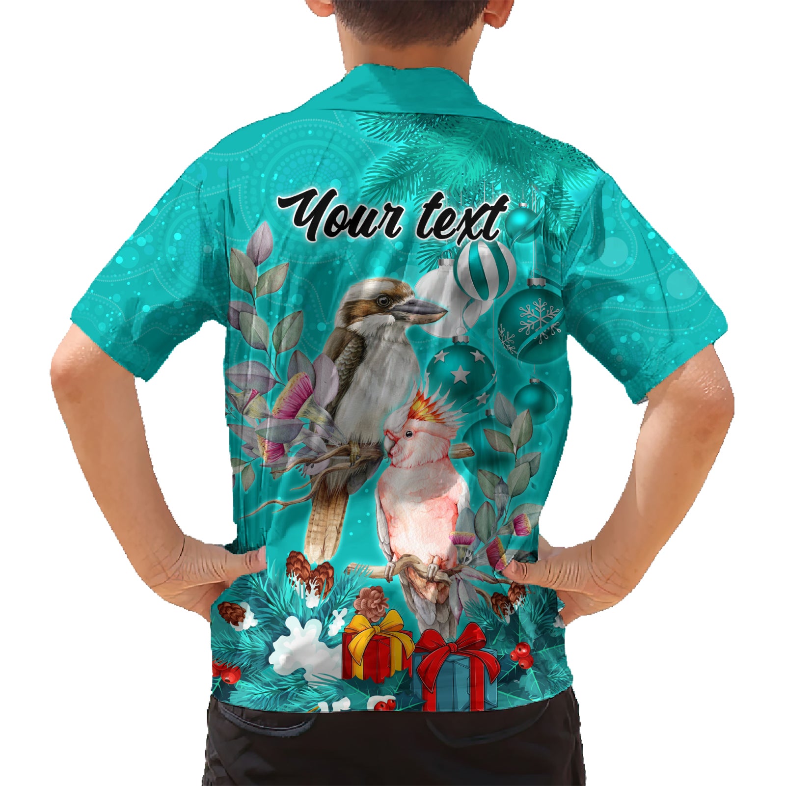 personalised-kookaburra-and-cockatoo-kid-hawaiian-shirt-australia-merry-christmas-aboriginal-teal-style