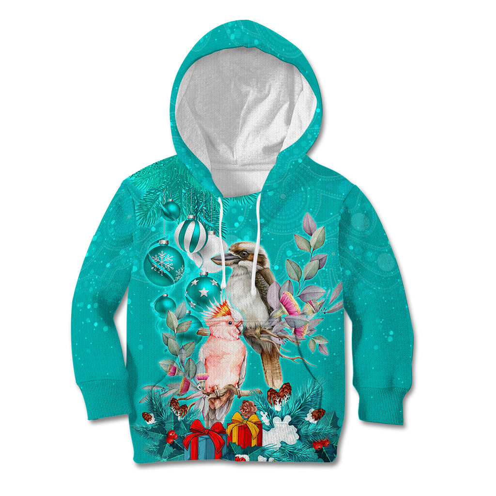personalised-kookaburra-and-cockatoo-kid-hoodie-australia-merry-christmas-aboriginal-teal-style