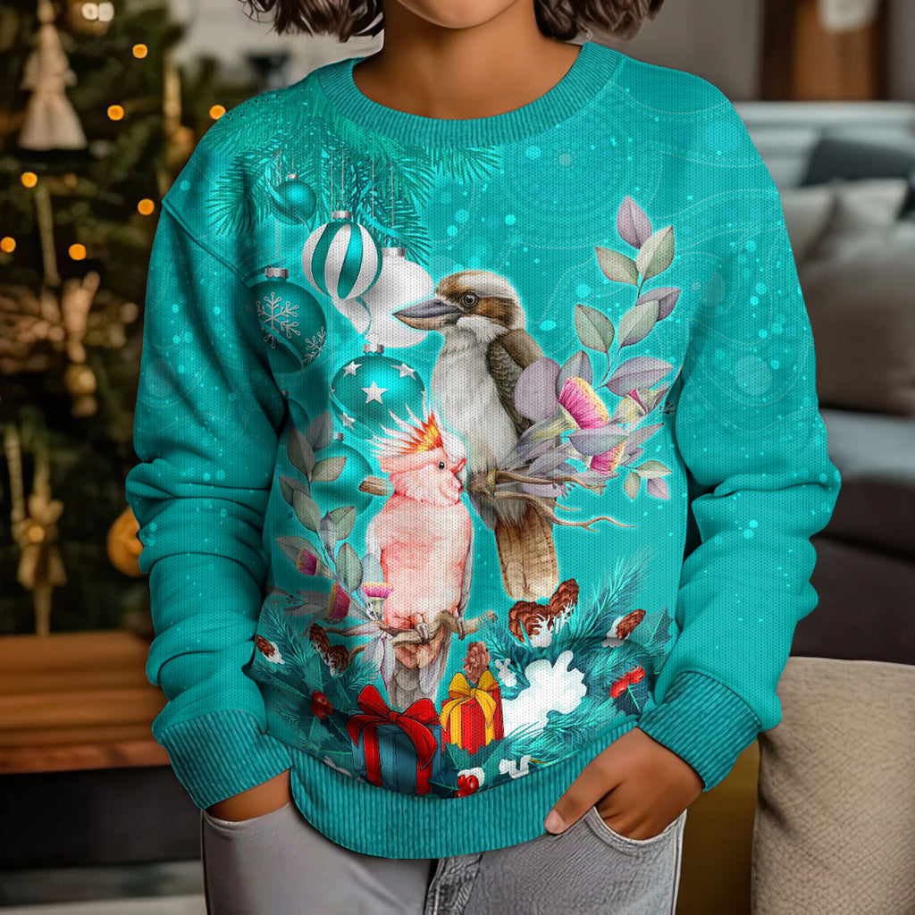 personalised-kookaburra-and-cockatoo-kid-ugly-christmas-sweater-australia-merry-christmas-aboriginal-teal-style