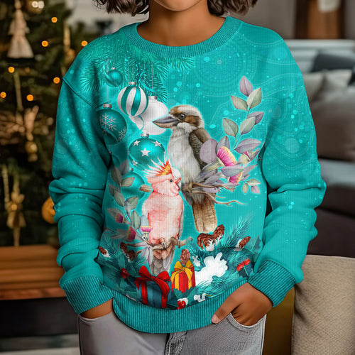 personalised-kookaburra-and-cockatoo-kid-ugly-christmas-sweater-australia-merry-christmas-aboriginal-teal-style