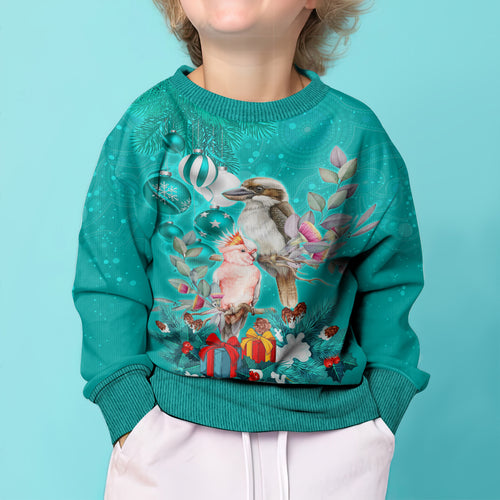 personalised-kookaburra-and-cockatoo-kid-ugly-christmas-sweater-australia-merry-christmas-aboriginal-teal-style
