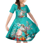 personalised-kookaburra-and-cockatoo-kid-short-sleeve-dress-australia-merry-christmas-aboriginal-teal-style