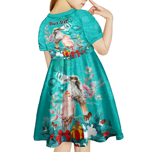personalised-kookaburra-and-cockatoo-kid-short-sleeve-dress-australia-merry-christmas-aboriginal-teal-style