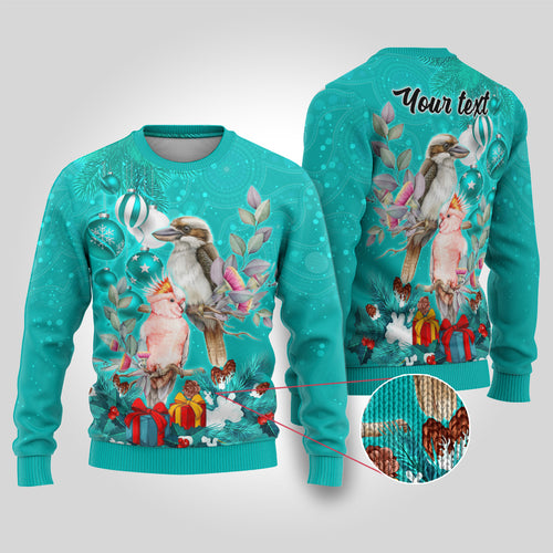 personalised-kookaburra-and-cockatoo-ugly-christmas-sweater-australia-merry-christmas-aboriginal-teal-style