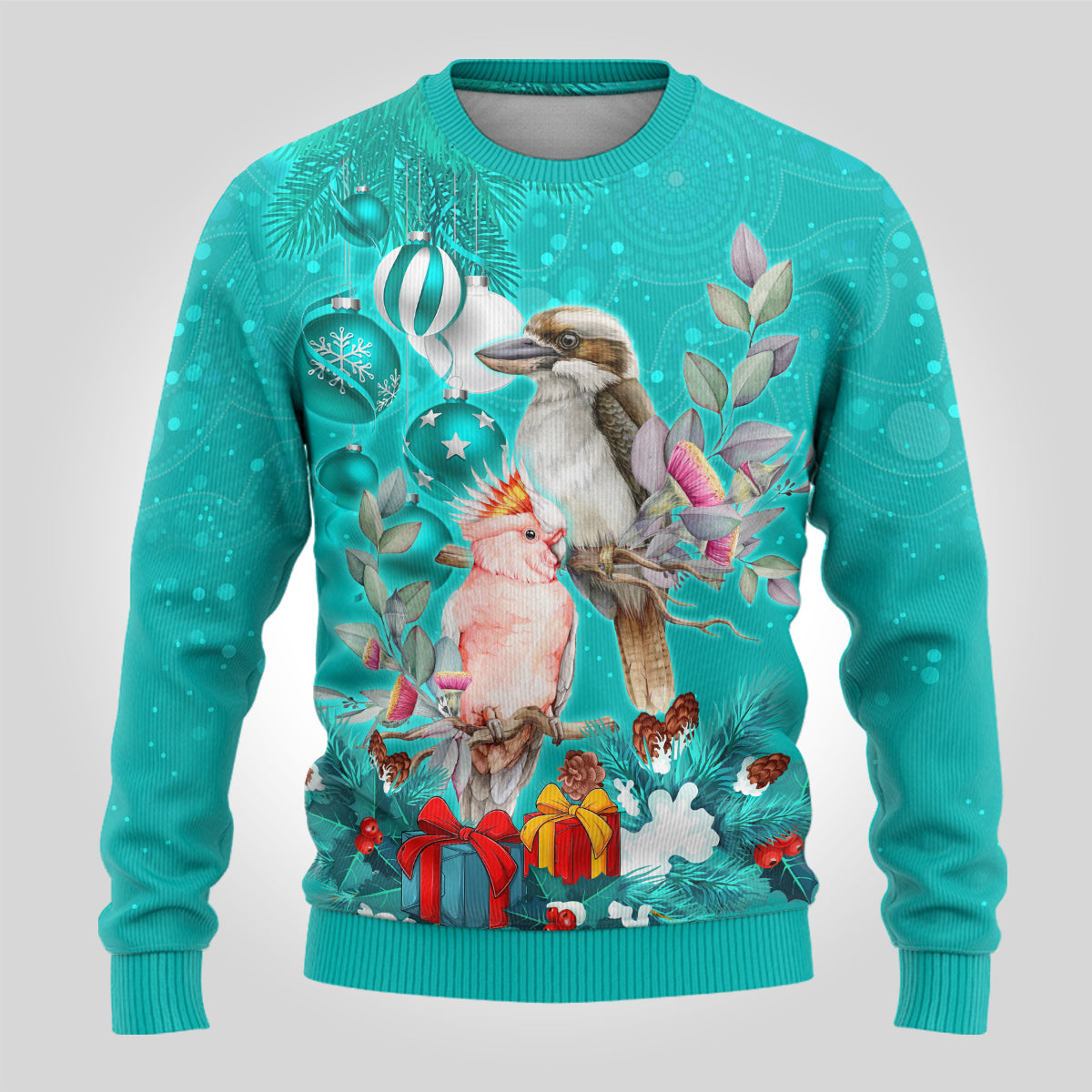 personalised-kookaburra-and-cockatoo-ugly-christmas-sweater-australia-merry-christmas-aboriginal-teal-style