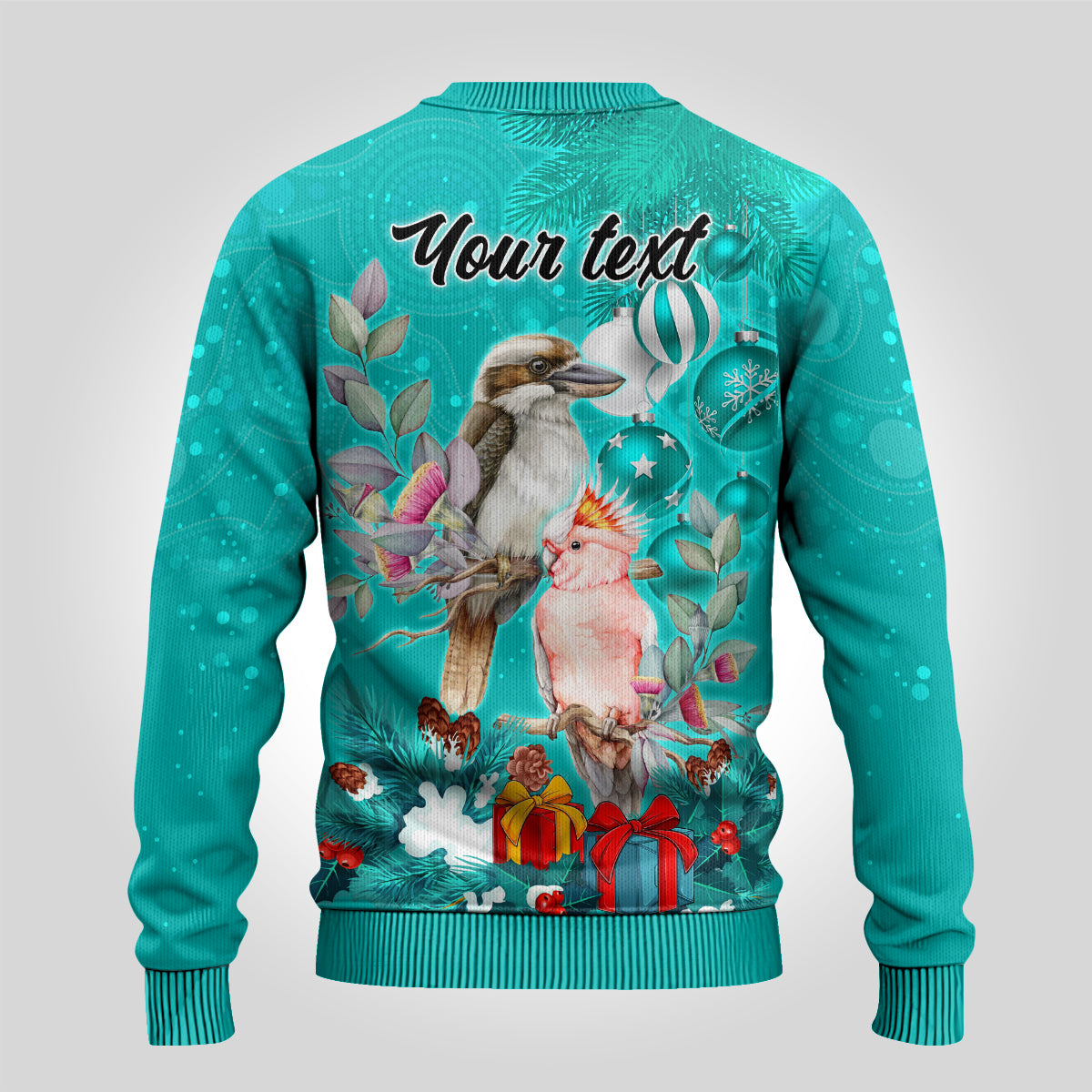 personalised-kookaburra-and-cockatoo-ugly-christmas-sweater-australia-merry-christmas-aboriginal-teal-style