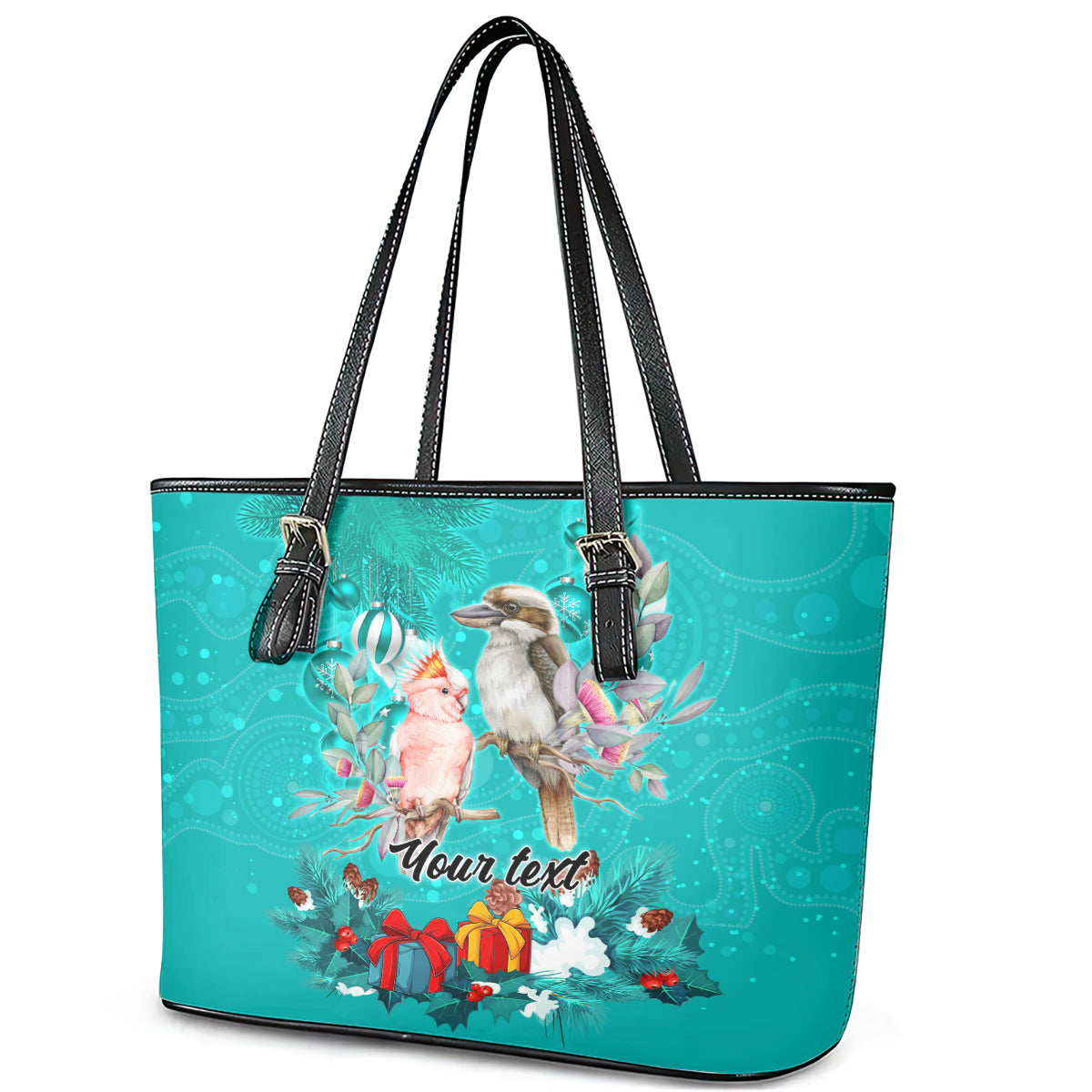 personalised-kookaburra-and-cockatoo-leather-tote-bag-australia-merry-christmas-aboriginal-teal-style