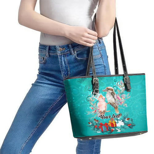 personalised-kookaburra-and-cockatoo-leather-tote-bag-australia-merry-christmas-aboriginal-teal-style