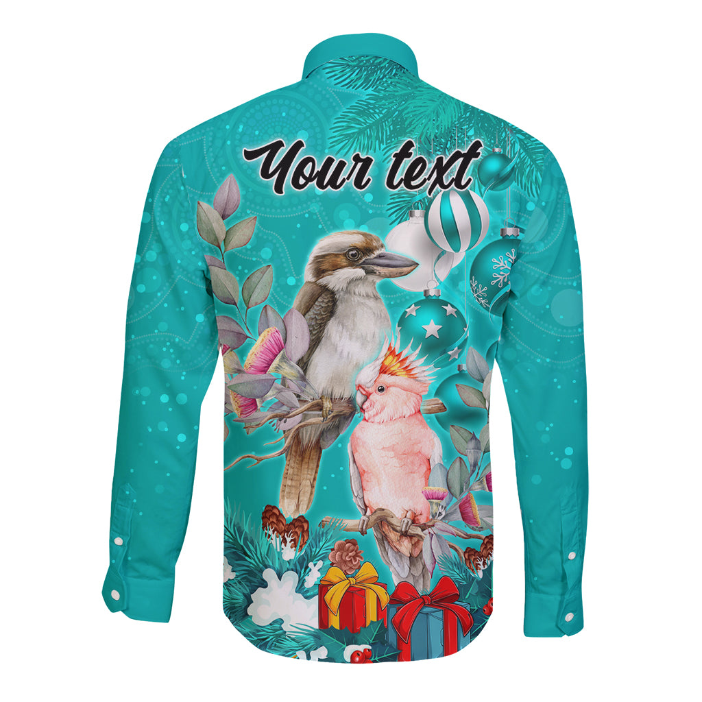 personalised-kookaburra-and-cockatoo-long-sleeve-button-shirt-australia-merry-christmas-aboriginal-teal-style