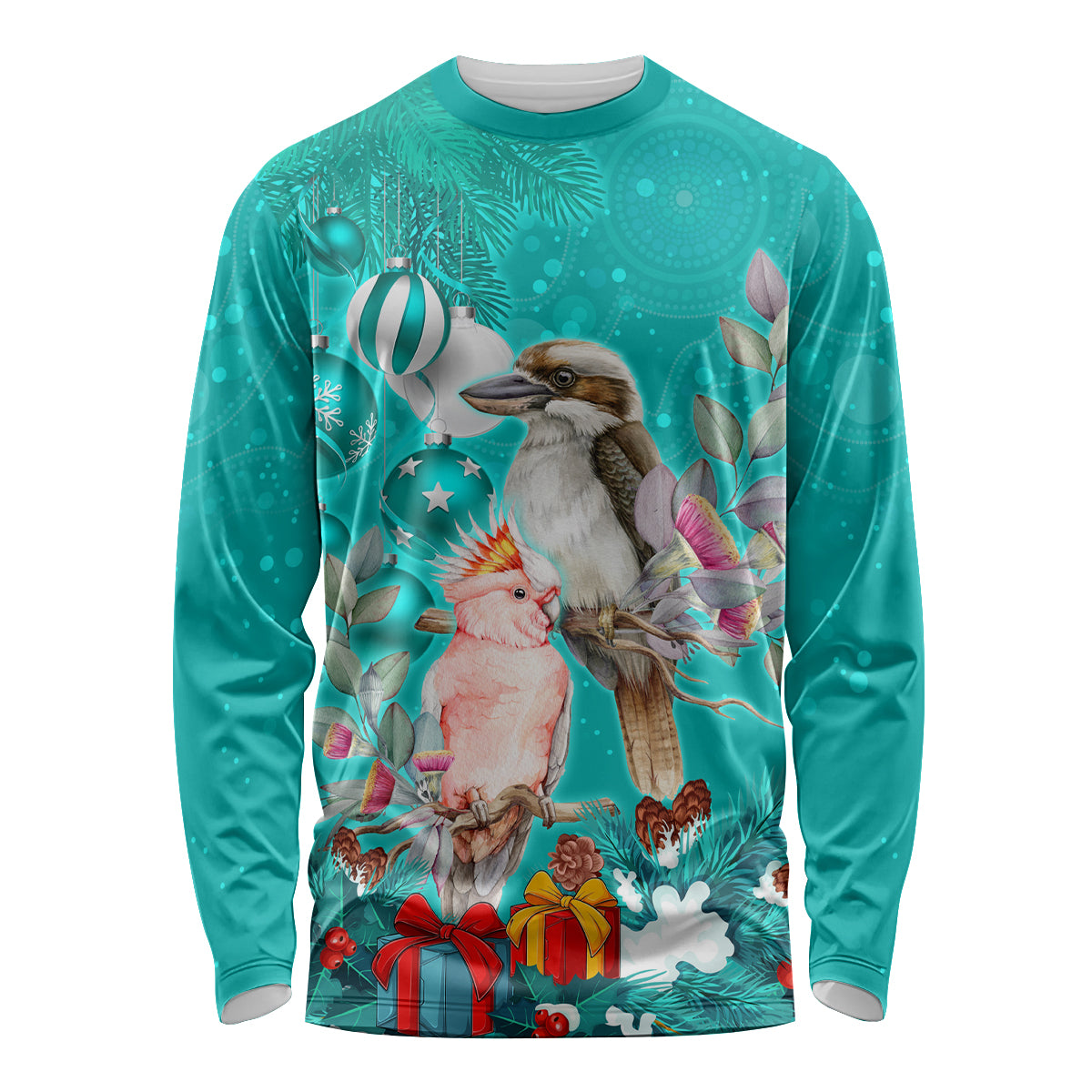 personalised-kookaburra-and-cockatoo-long-sleeve-shirt-australia-merry-christmas-aboriginal-teal-style