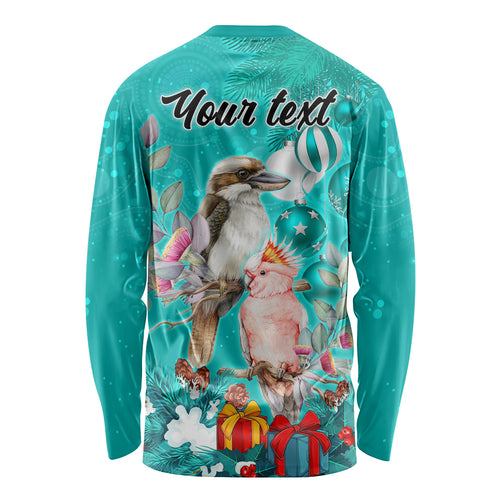 personalised-kookaburra-and-cockatoo-long-sleeve-shirt-australia-merry-christmas-aboriginal-teal-style