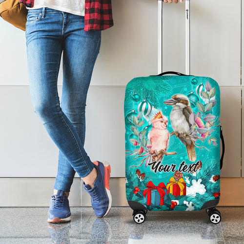 personalised-kookaburra-and-cockatoo-luggage-cover-australia-merry-christmas-aboriginal-teal-style