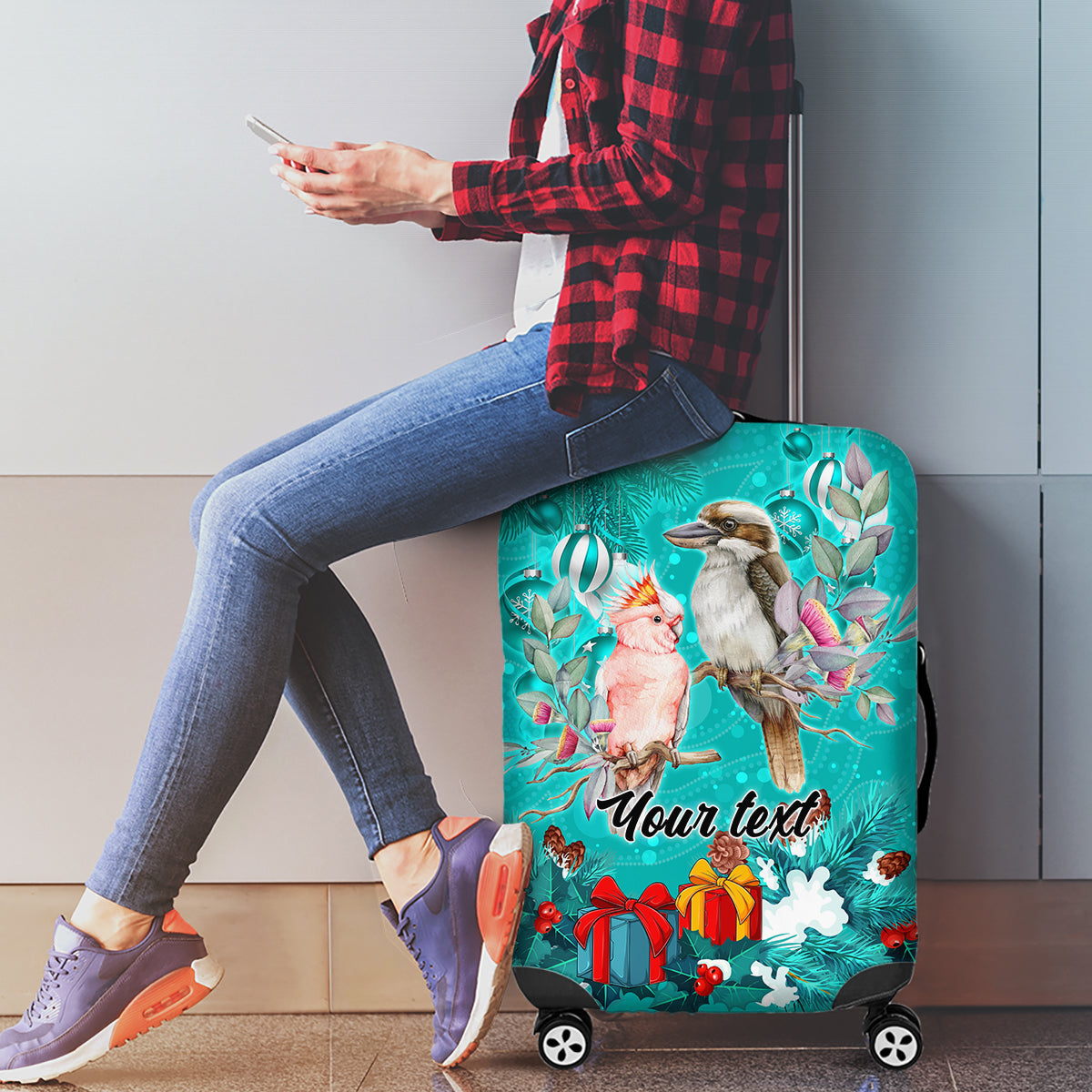 personalised-kookaburra-and-cockatoo-luggage-cover-australia-merry-christmas-aboriginal-teal-style