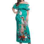personalised-kookaburra-and-cockatoo-off-shoulder-maxi-dress-australia-merry-christmas-aboriginal-teal-style