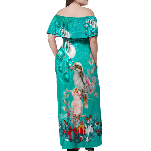 personalised-kookaburra-and-cockatoo-off-shoulder-maxi-dress-australia-merry-christmas-aboriginal-teal-style