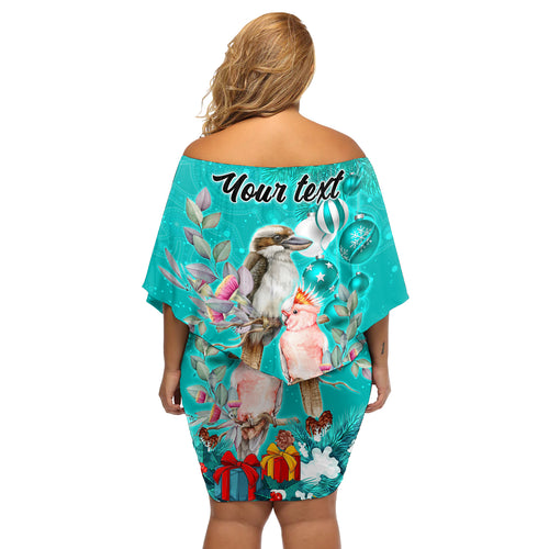 personalised-kookaburra-and-cockatoo-off-shoulder-short-dress-australia-merry-christmas-aboriginal-teal-style