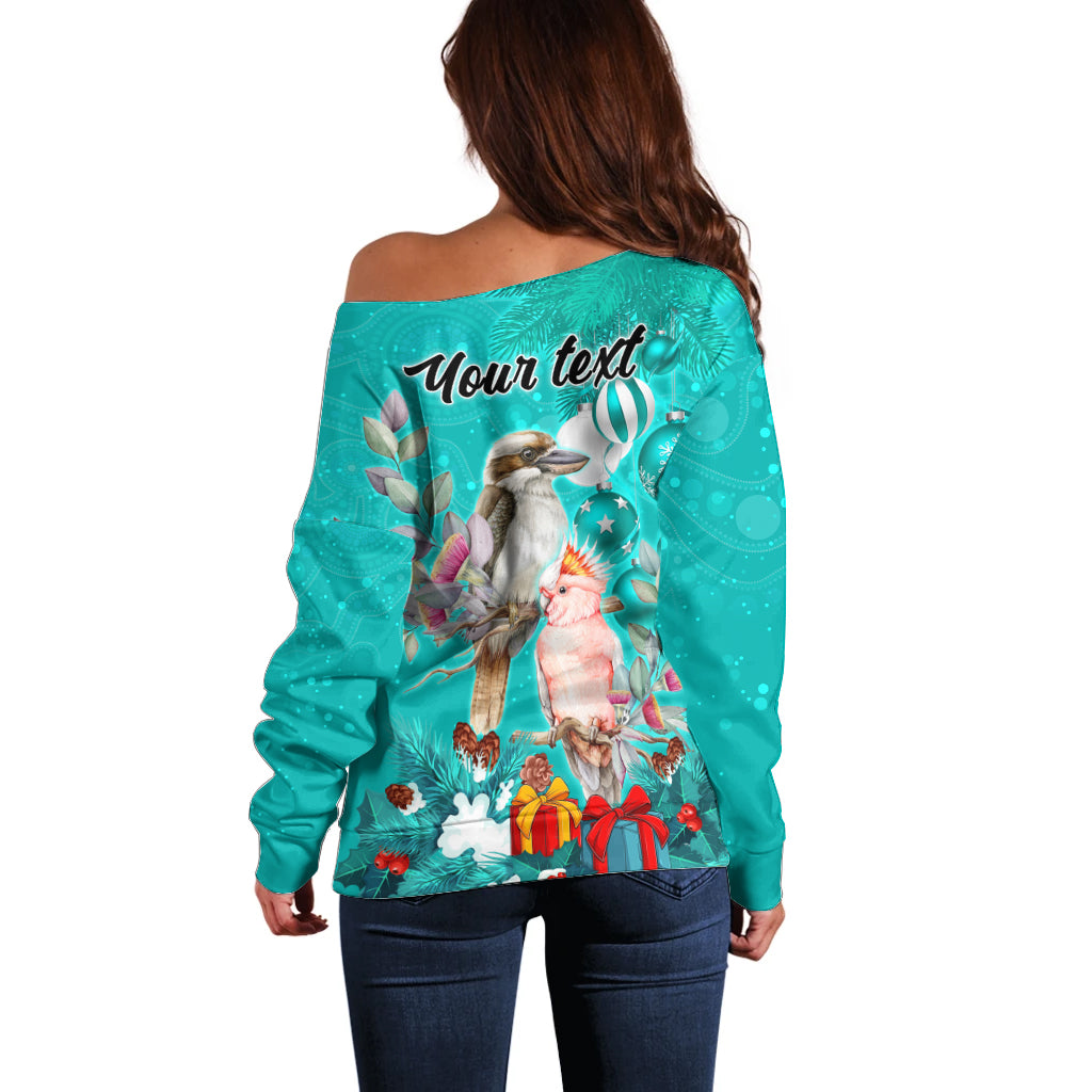 personalised-kookaburra-and-cockatoo-off-shoulder-sweater-australia-merry-christmas-aboriginal-teal-style