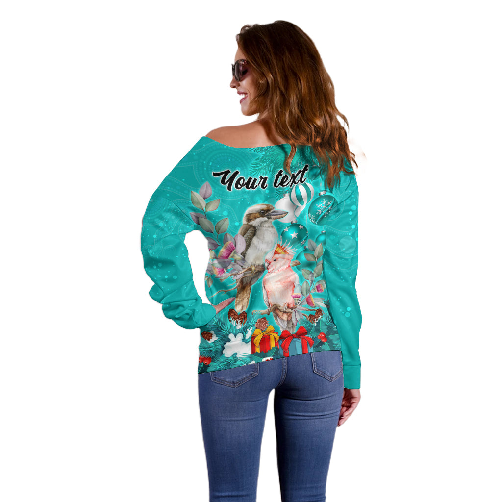 personalised-kookaburra-and-cockatoo-off-shoulder-sweater-australia-merry-christmas-aboriginal-teal-style