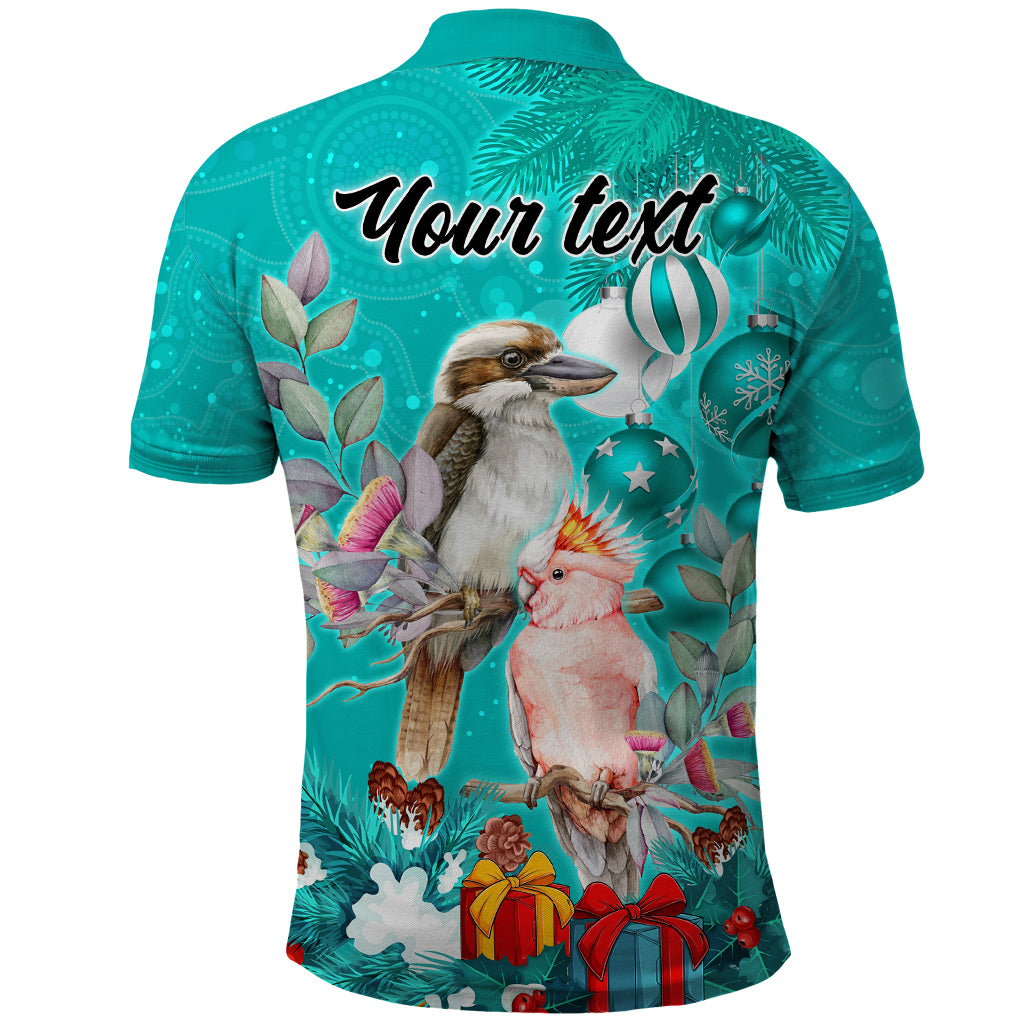 personalised-kookaburra-and-cockatoo-polo-shirt-australia-merry-christmas-aboriginal-teal-style