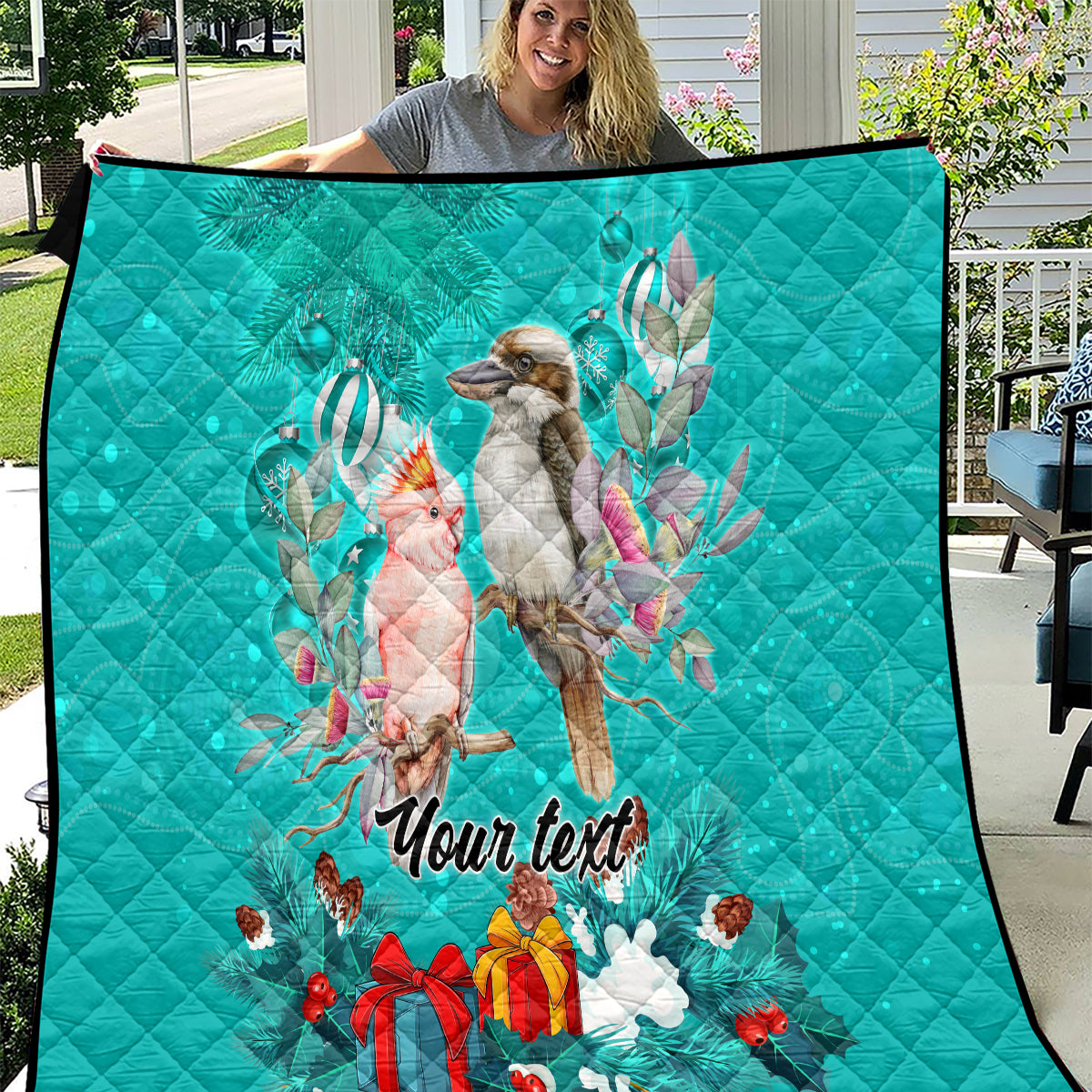 personalised-kookaburra-and-cockatoo-quilt-australia-merry-christmas-aboriginal-teal-style