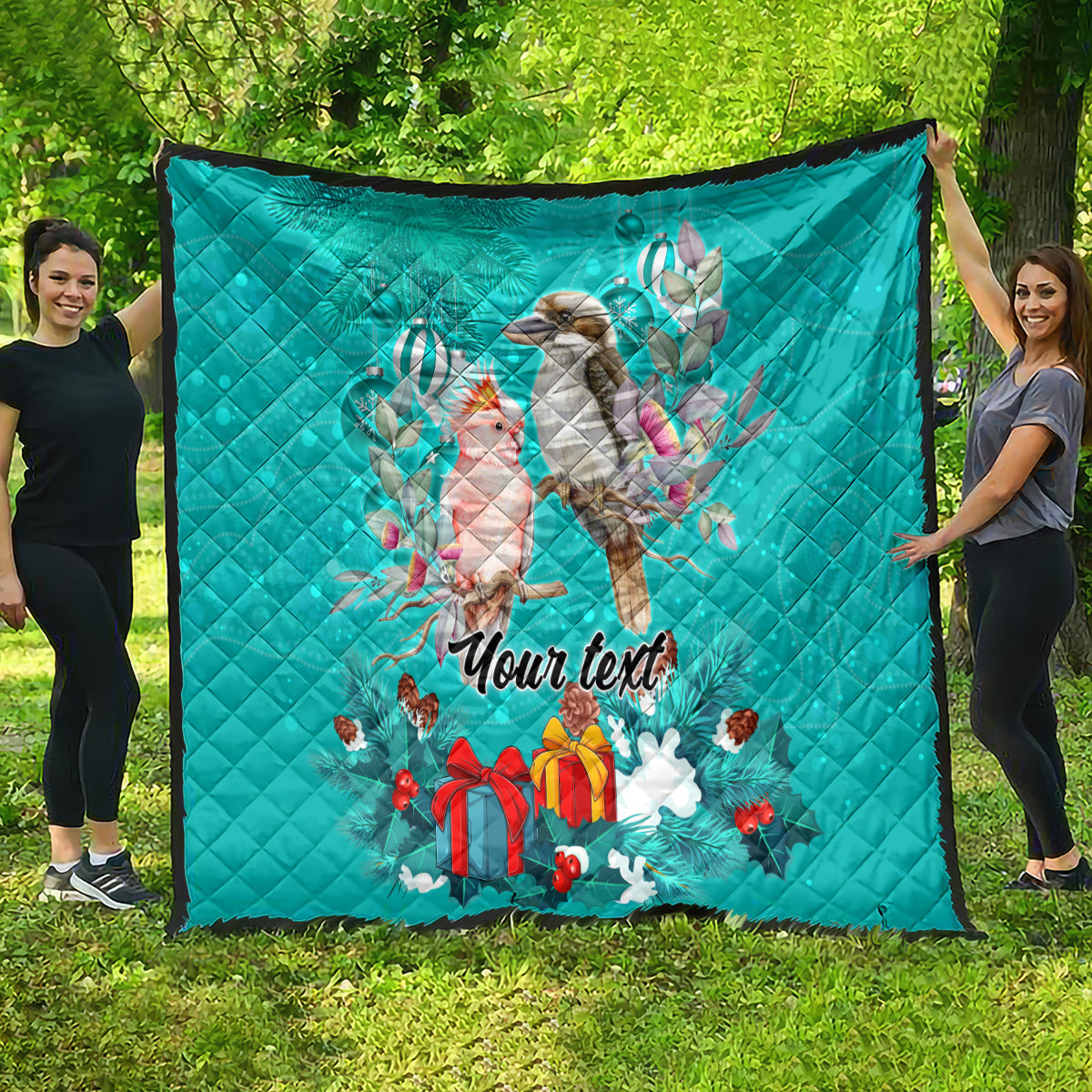 personalised-kookaburra-and-cockatoo-quilt-australia-merry-christmas-aboriginal-teal-style